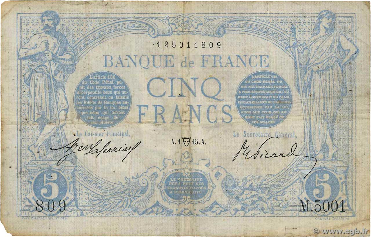 5 Francs BLEU FRANCIA  1915 F.02.26 RC+