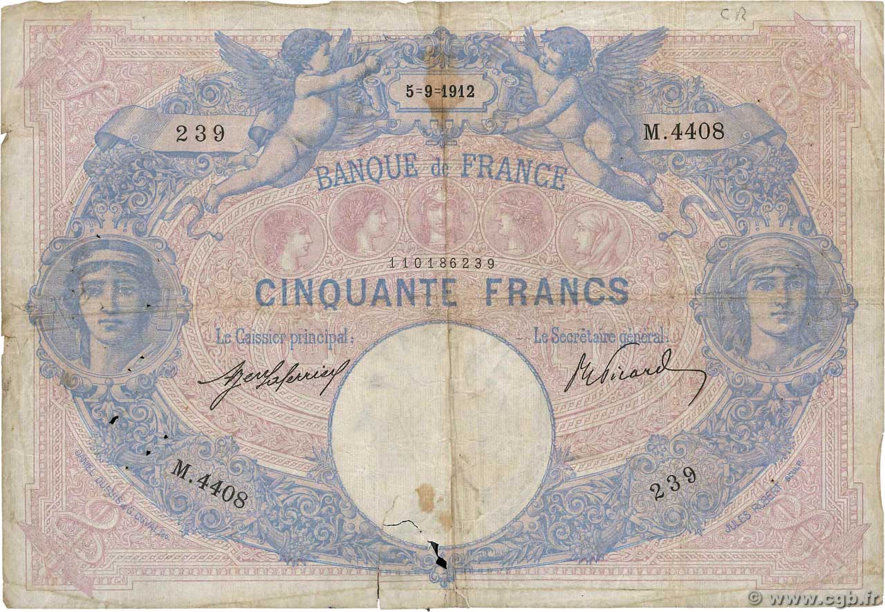 50 Francs BLEU ET ROSE FRANCE  1912 F.14.25 VG