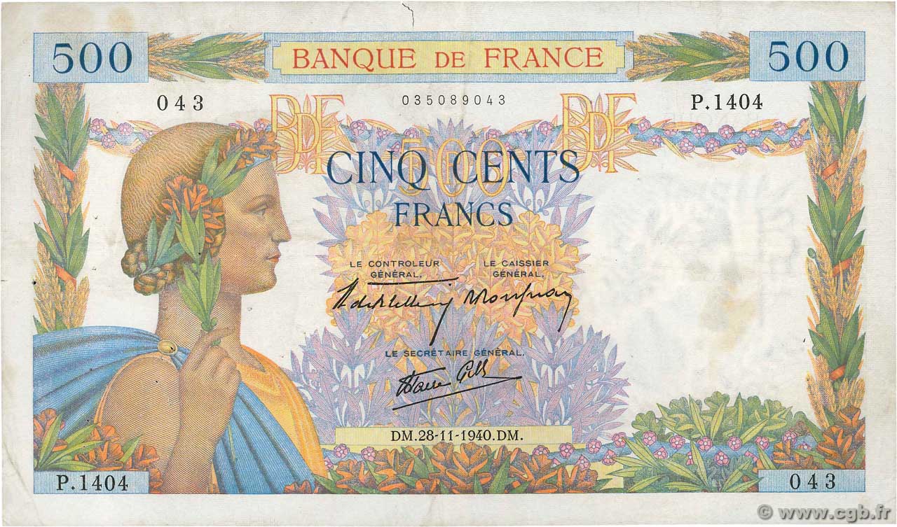500 Francs LA PAIX FRANCE  1940 F.32.09 F