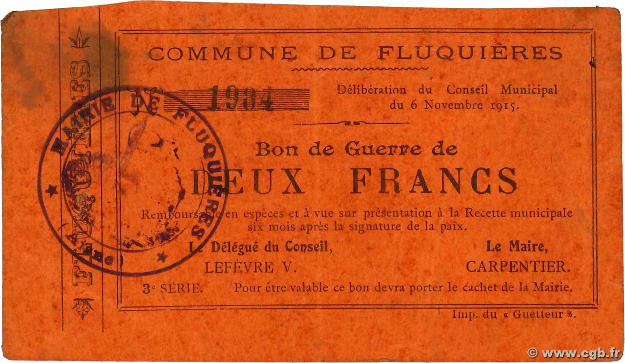 2 Francs FRANCE Regionalismus und verschiedenen  1915 JP.02-0912 SS