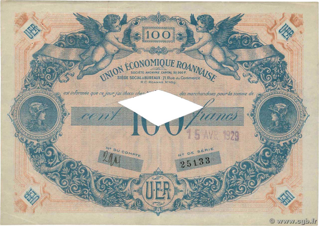 100 Francs Annulé FRANCE Regionalismus und verschiedenen Roanne 1929  VZ