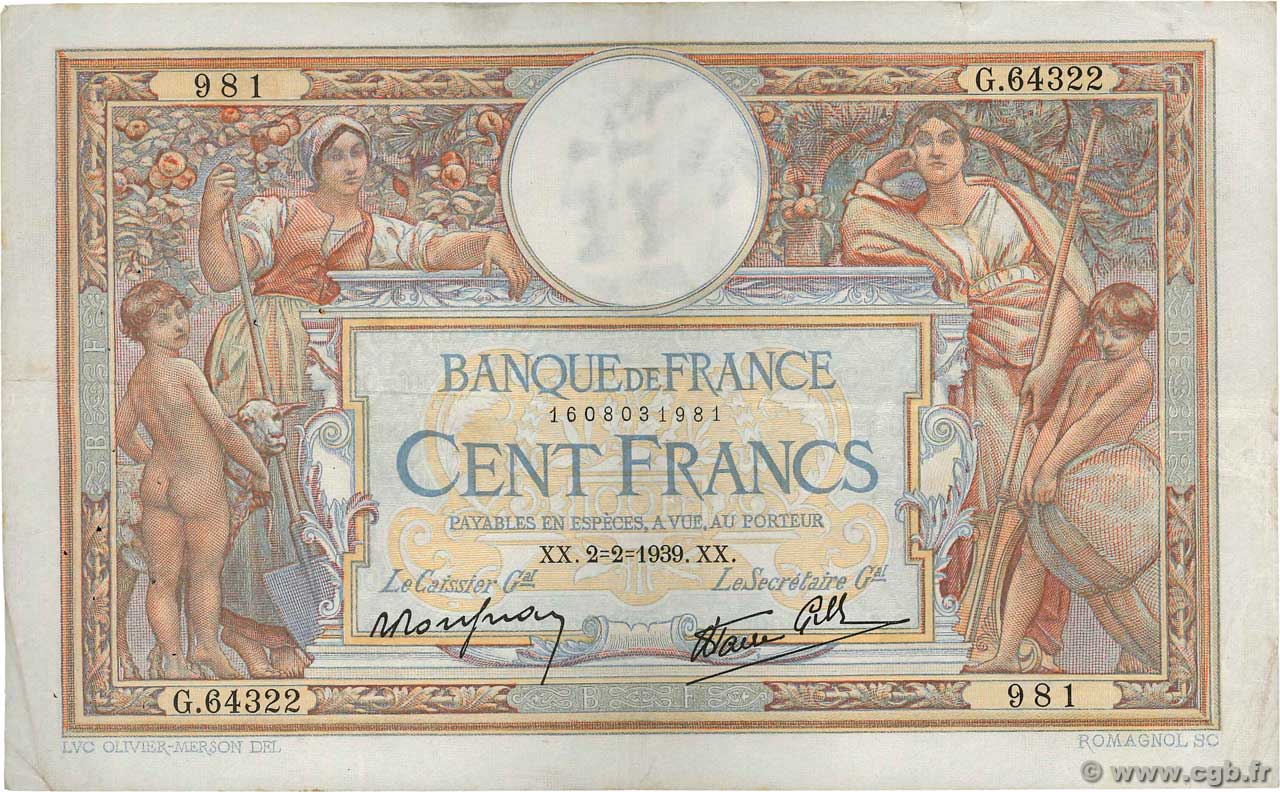 100 Francs LUC OLIVIER MERSON type modifié FRANCIA  1939 F.25.41 q.BB