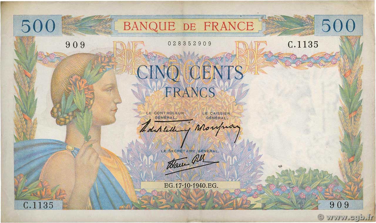 500 Francs LA PAIX FRANCE  1940 F.32.07 pr.TTB