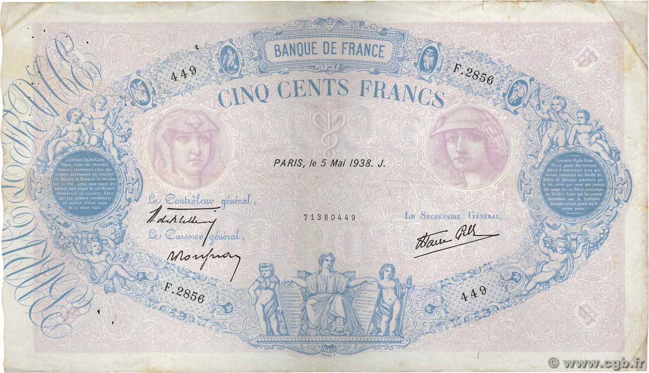 500 Francs BLEU ET ROSE modifié FRANCE  1938 F.31.10 pr.TTB