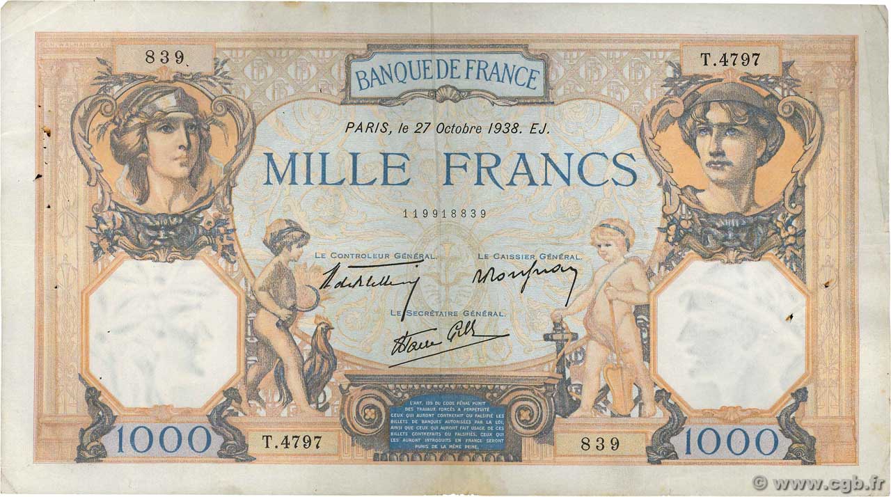 1000 Francs CÉRÈS ET MERCURE type modifié FRANCIA  1938 F.38.31 BC+