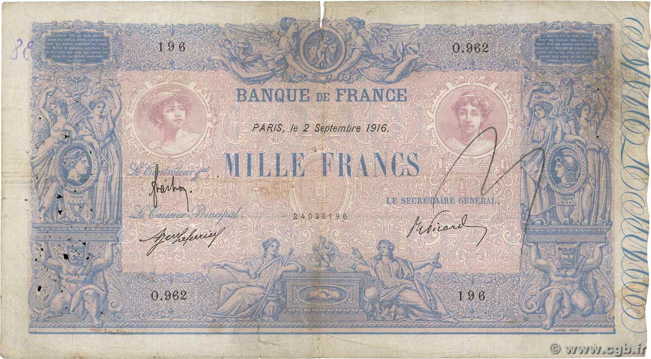 1000 Francs BLEU ET ROSE FRANKREICH  1916 F.36.30 SGE