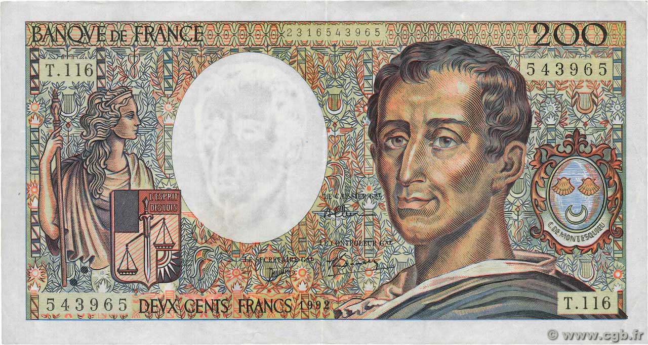 200 Francs MONTESQUIEU FRANCE  1990 F.70.12b VF