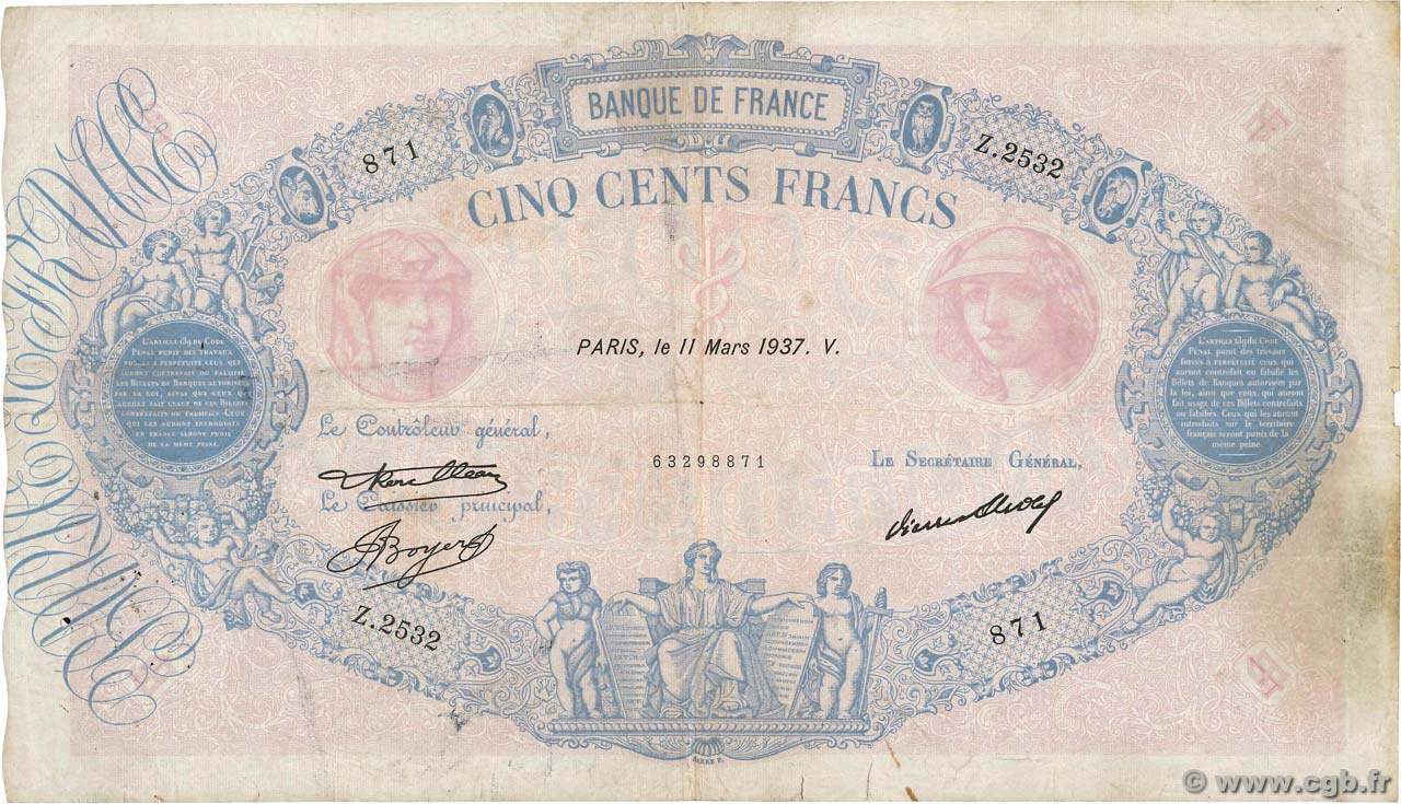 500 Francs BLEU ET ROSE FRANCE  1937 F.30.38 F-