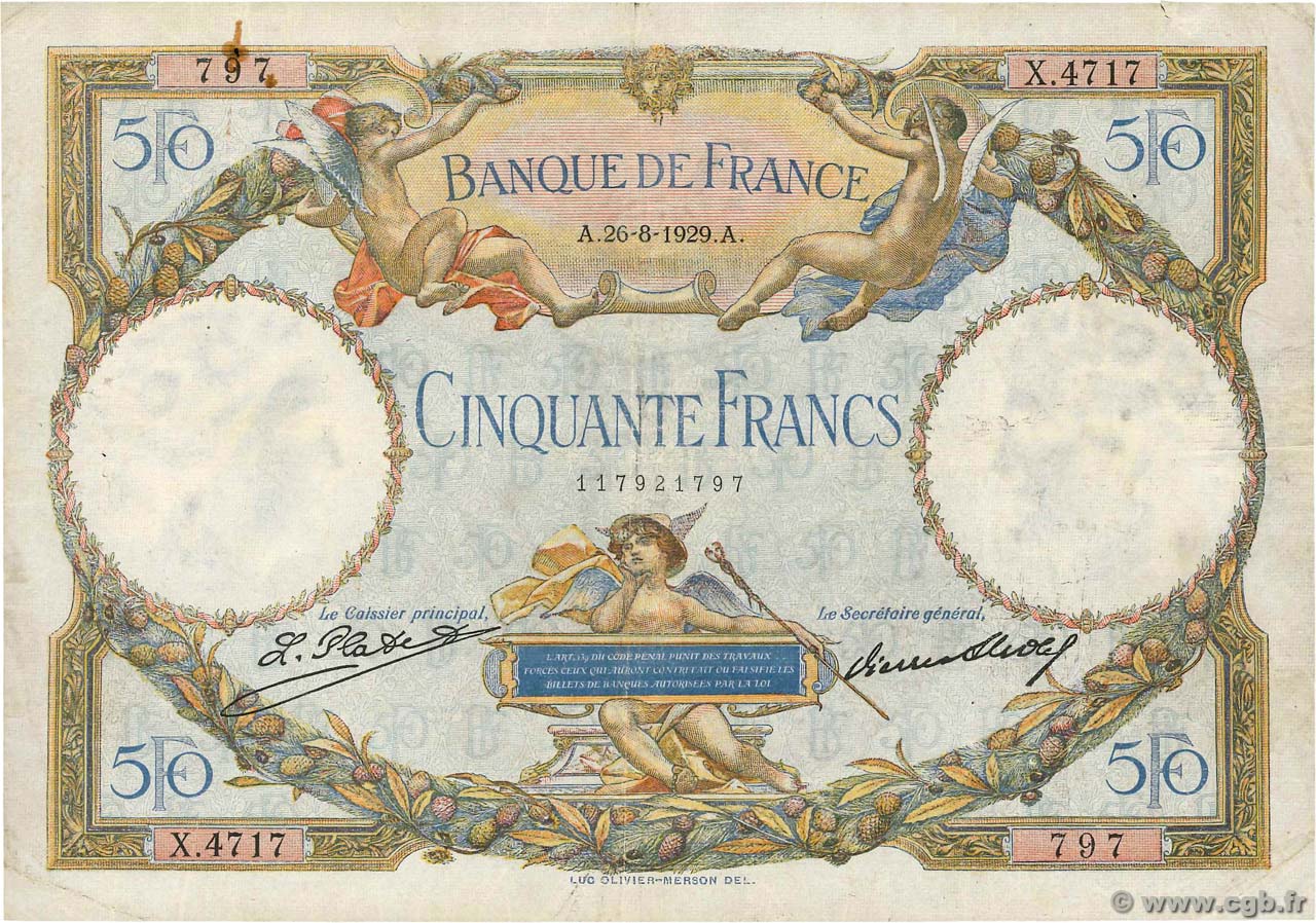 50 Francs LUC OLIVIER MERSON FRANCIA  1929 F.15.03 q.BB