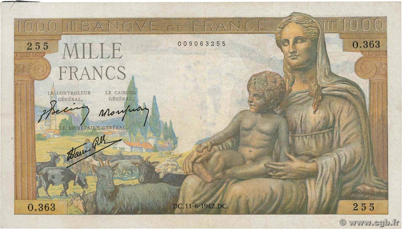 1000 Francs DÉESSE DÉMÉTER FRANKREICH  1942 F.40.02 fSS