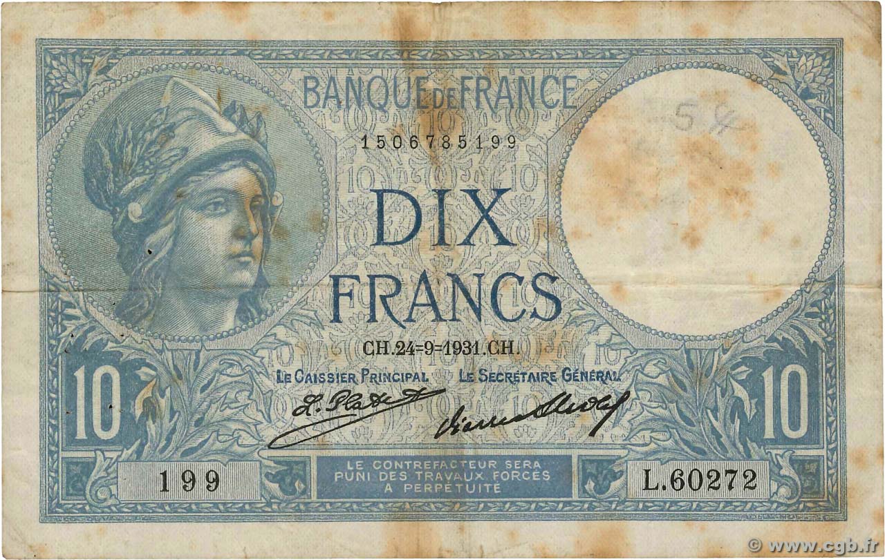 10 Francs MINERVE FRANCE  1931 F.06.15 TB