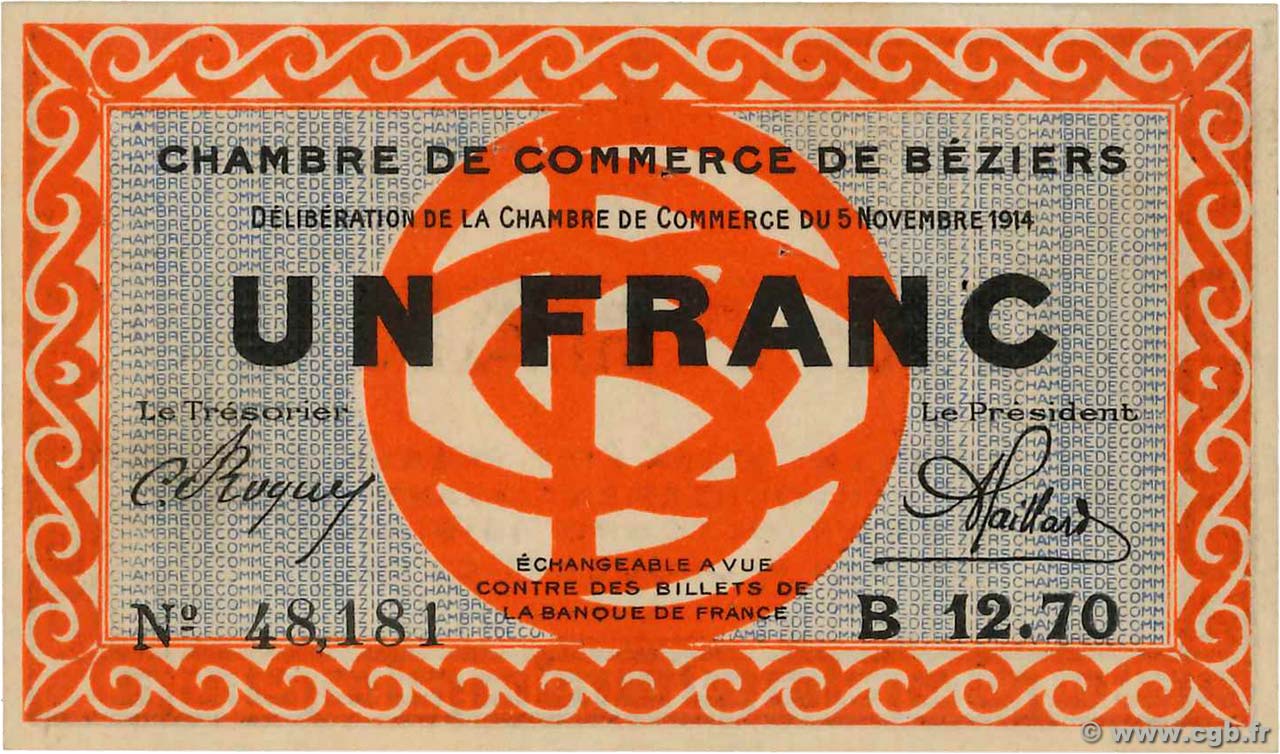 1 Franc FRANCE régionalisme et divers Béziers 1914 JP.027.08 TTB+