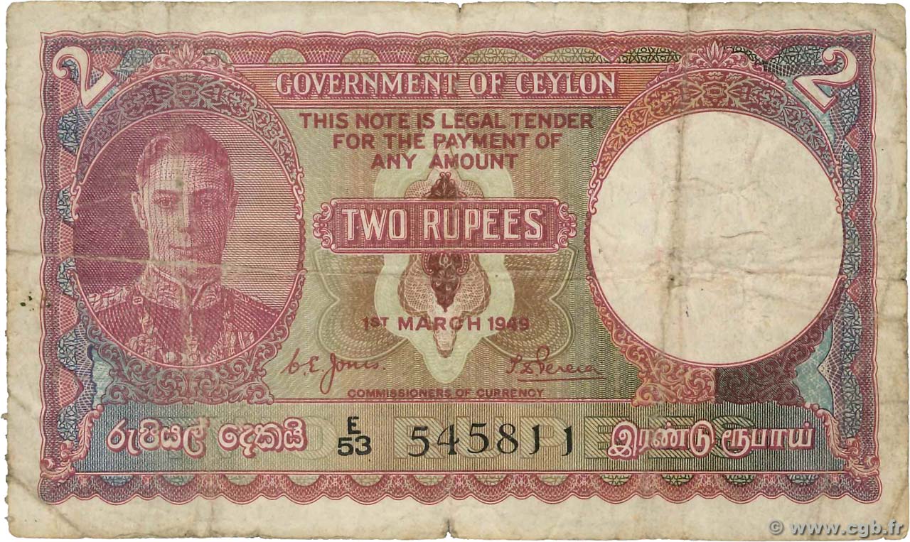 2 Rupees CEYLON  1948 P.035a MB