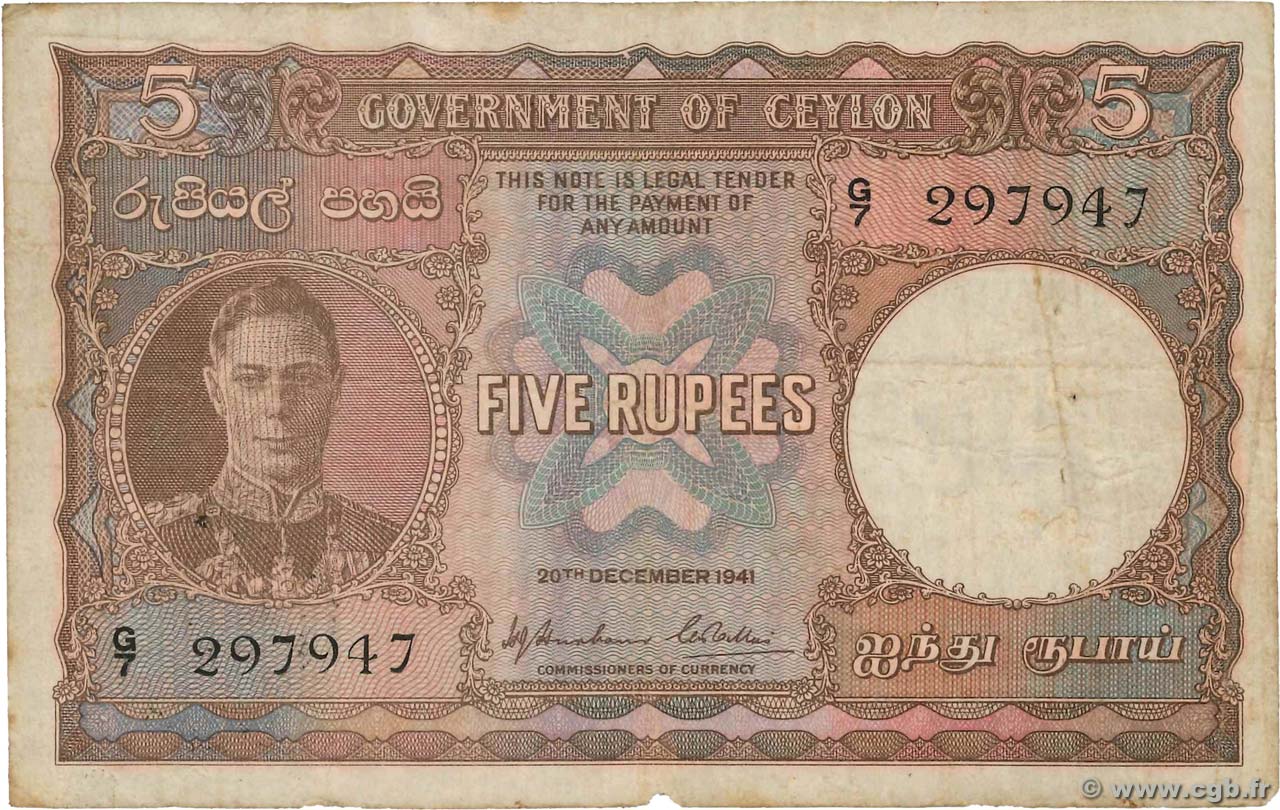 5 Rupees CEYLON  1941 P.036a F