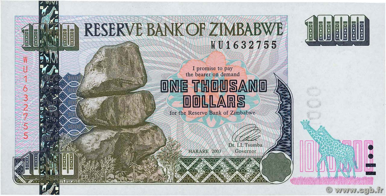 1000 Dollars ZIMBABWE  2003 P.12a UNC