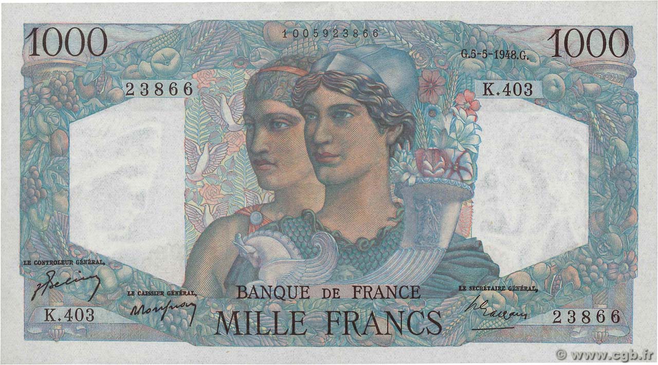 1000 Francs MINERVE ET HERCULE FRANCE  1948 F.41.20 SUP+