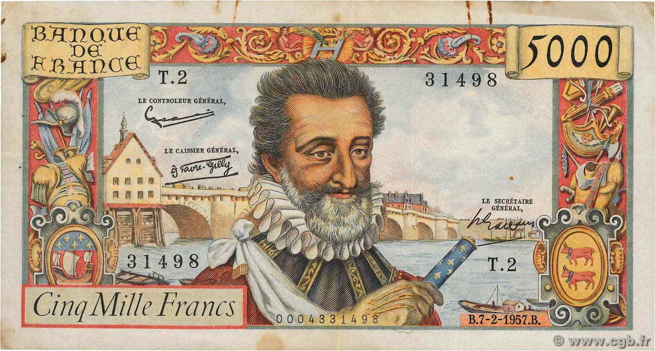 5000 Francs HENRI IV FRANKREICH  1957 F.49.01 fSS