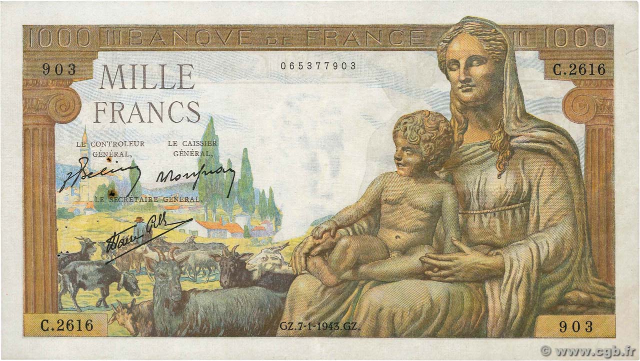 1000 Francs DÉESSE DÉMÉTER FRANCE  1943 F.40.15 TTB