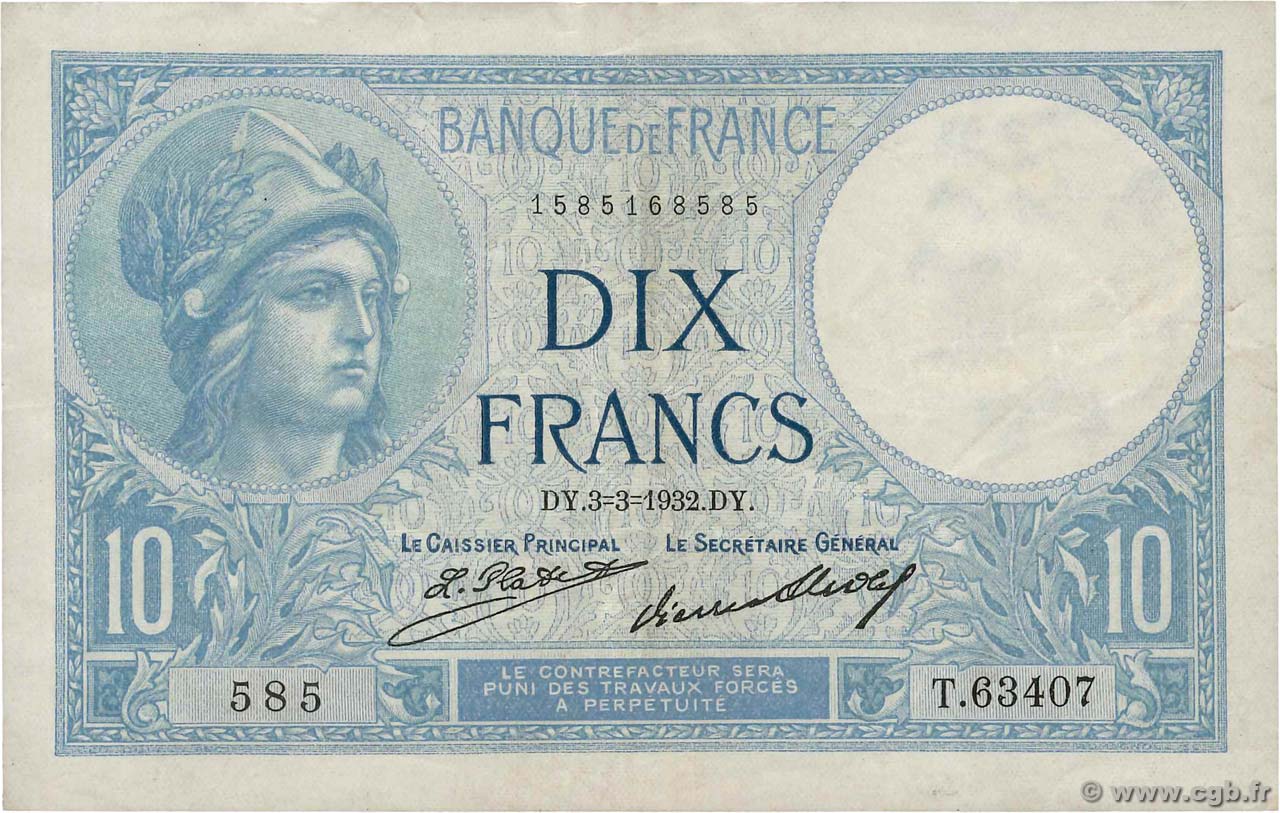10 Francs MINERVE FRANCIA  1932 F.06.16 MBC