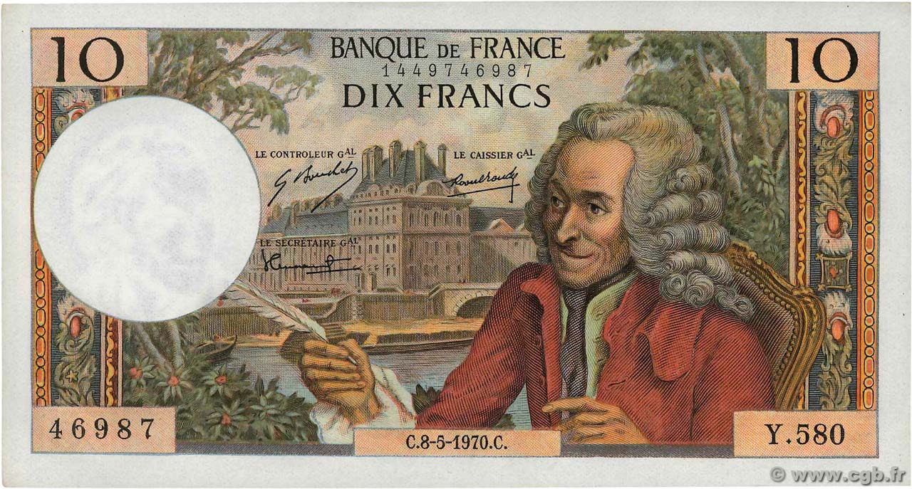 10 Francs VOLTAIRE FRANCE  1970 F.62.44 AU