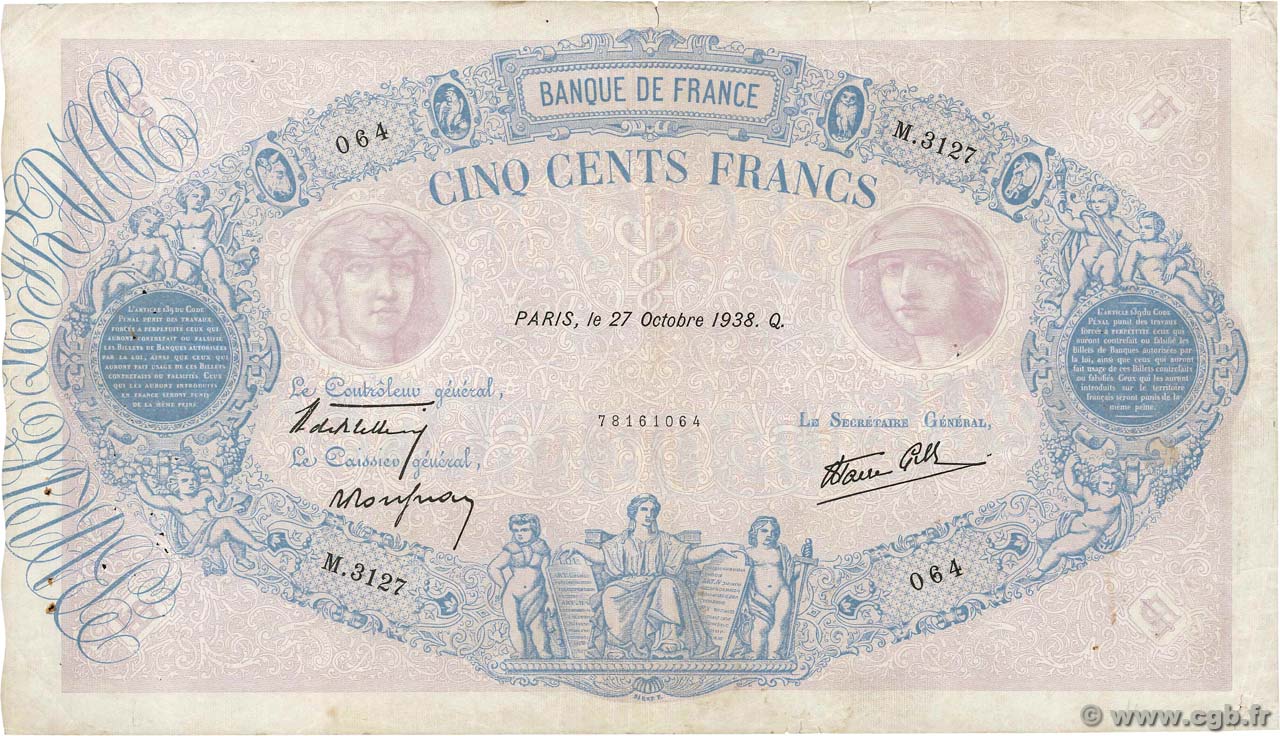 500 Francs BLEU ET ROSE modifié FRANCE  1938 F.31.21 TB+