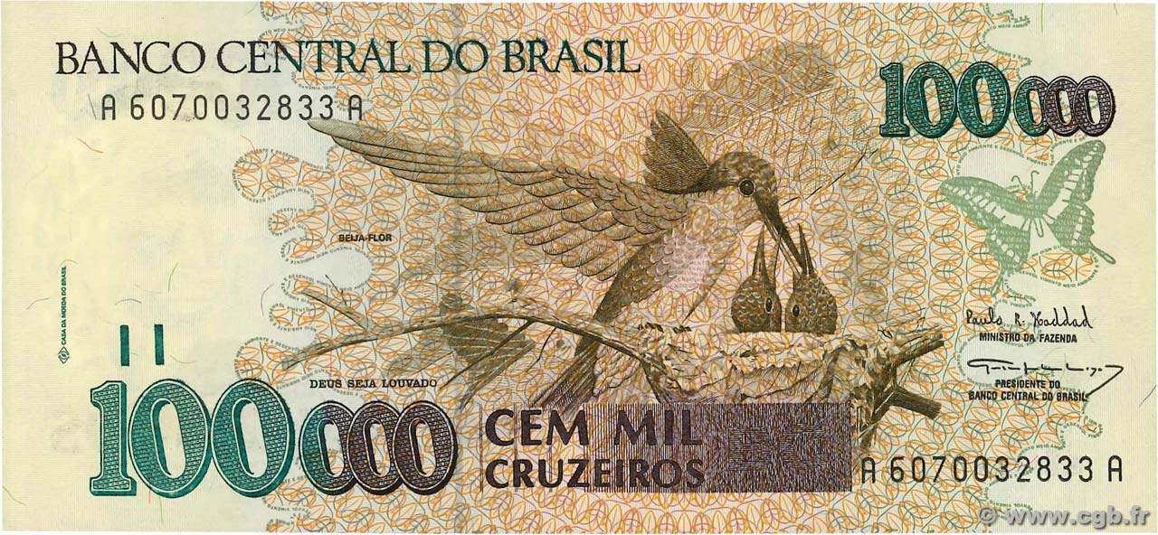 100000 Cruzeiros BRASILE  1993 P.235b FDC