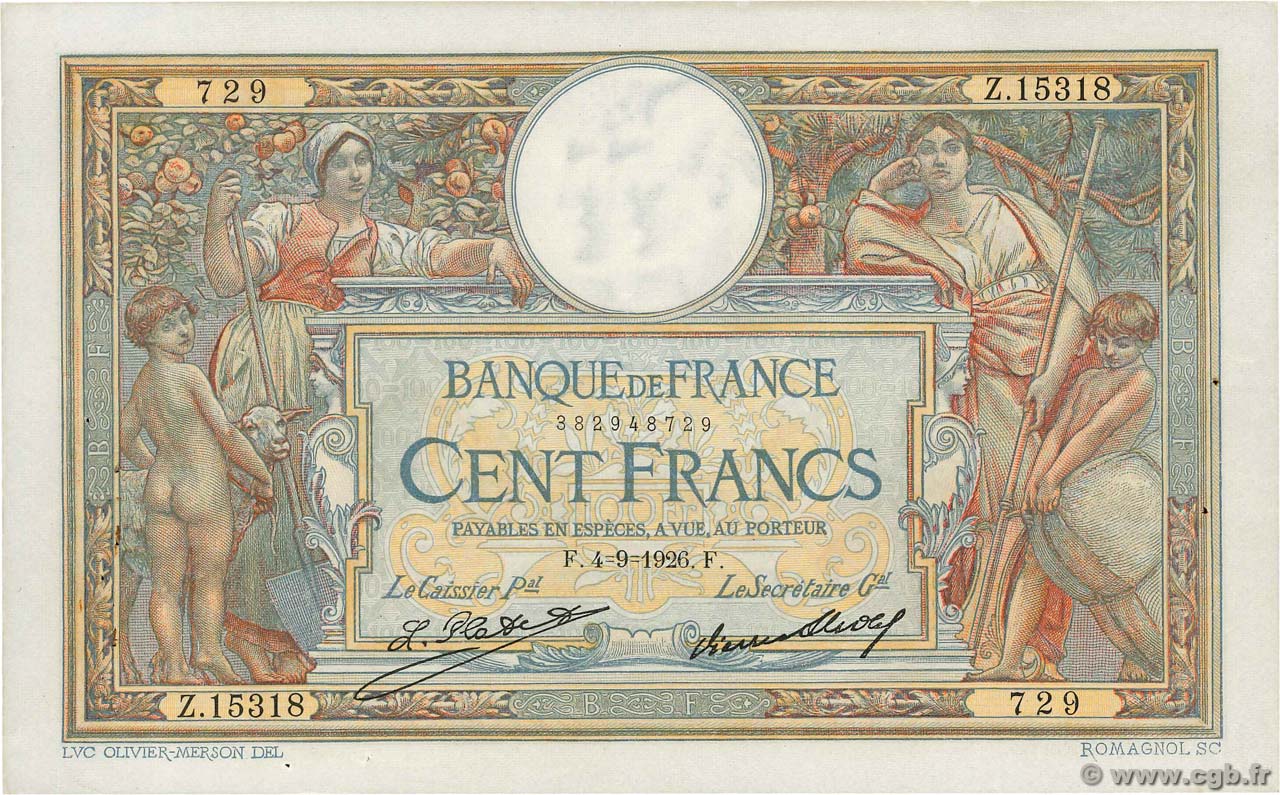 100 Francs LUC OLIVIER MERSON grands cartouches FRANKREICH  1926 F.24.05 fVZ