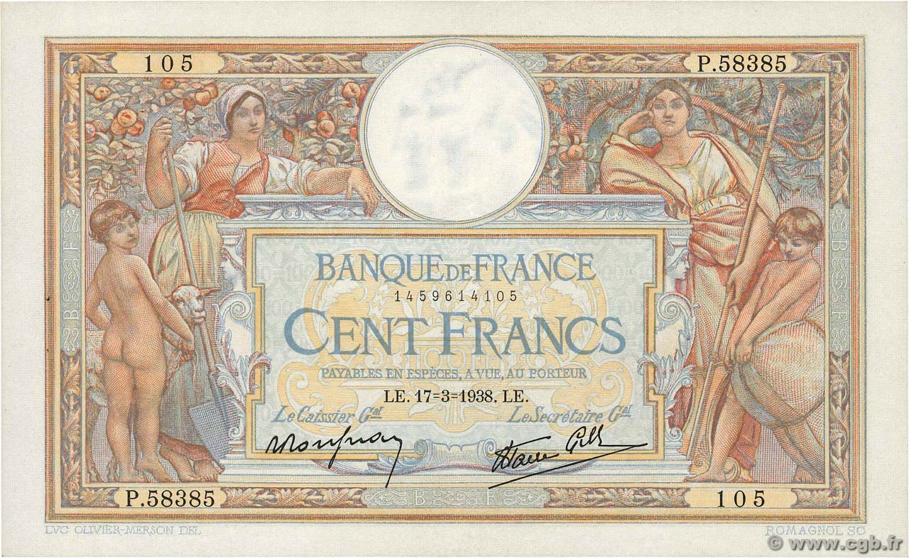 100 Francs LUC OLIVIER MERSON type modifié FRANCE  1938 F.25.13 XF-