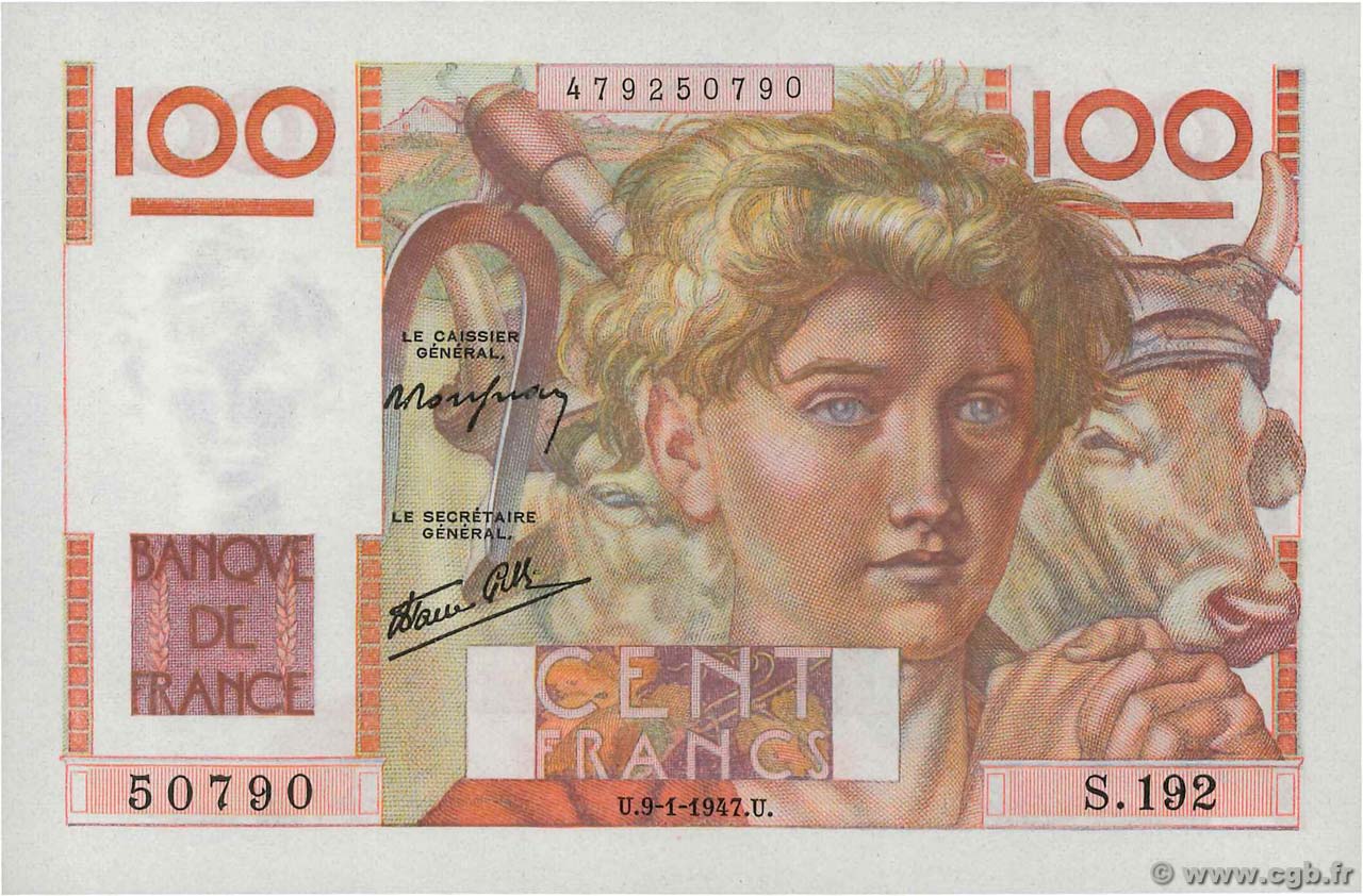 100 Francs JEUNE PAYSAN FRANCIA  1947 F.28.13 q.FDC