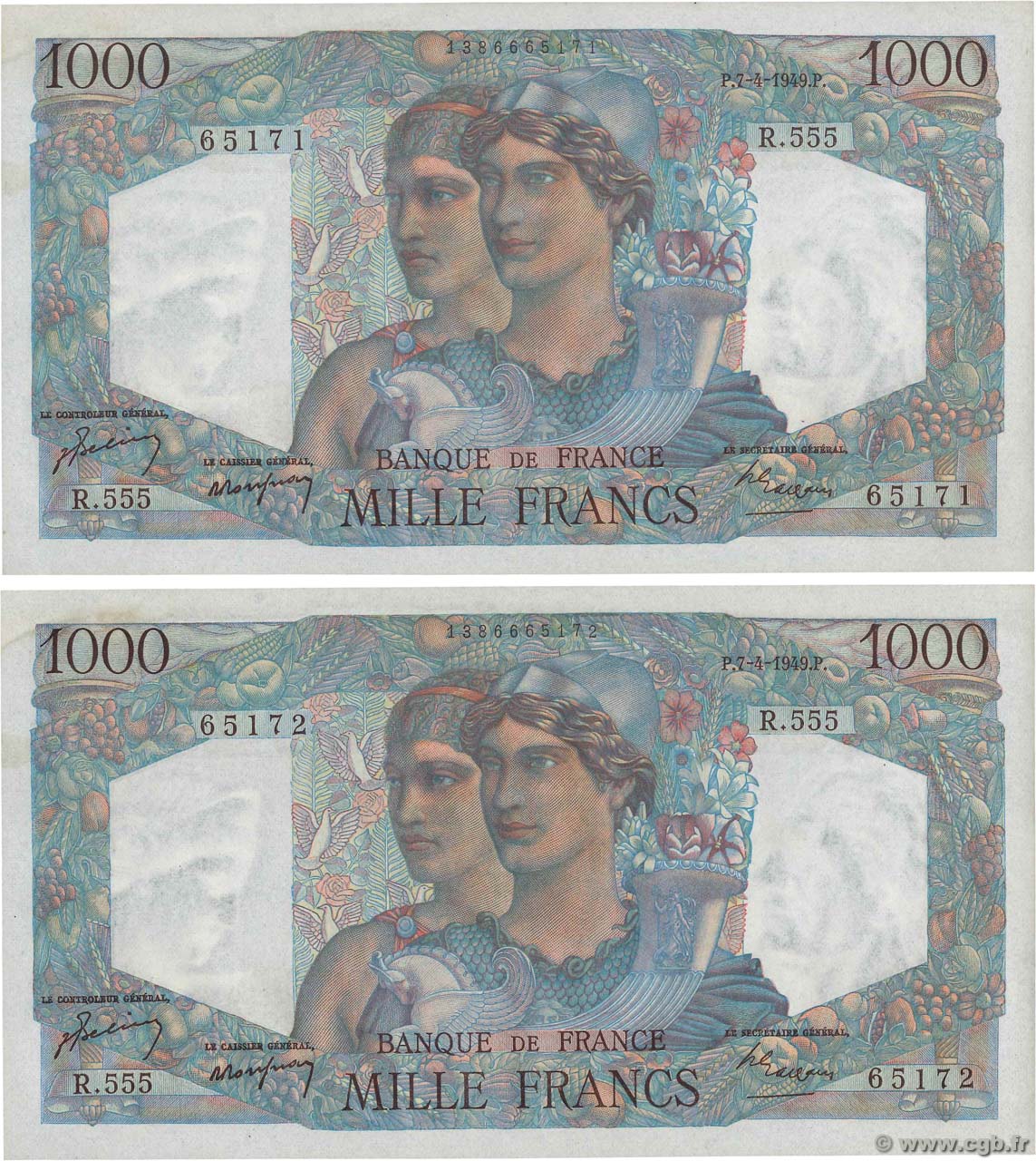 1000 Francs MINERVE ET HERCULE Consécutifs FRANCE  1949 F.41.26 UNC-