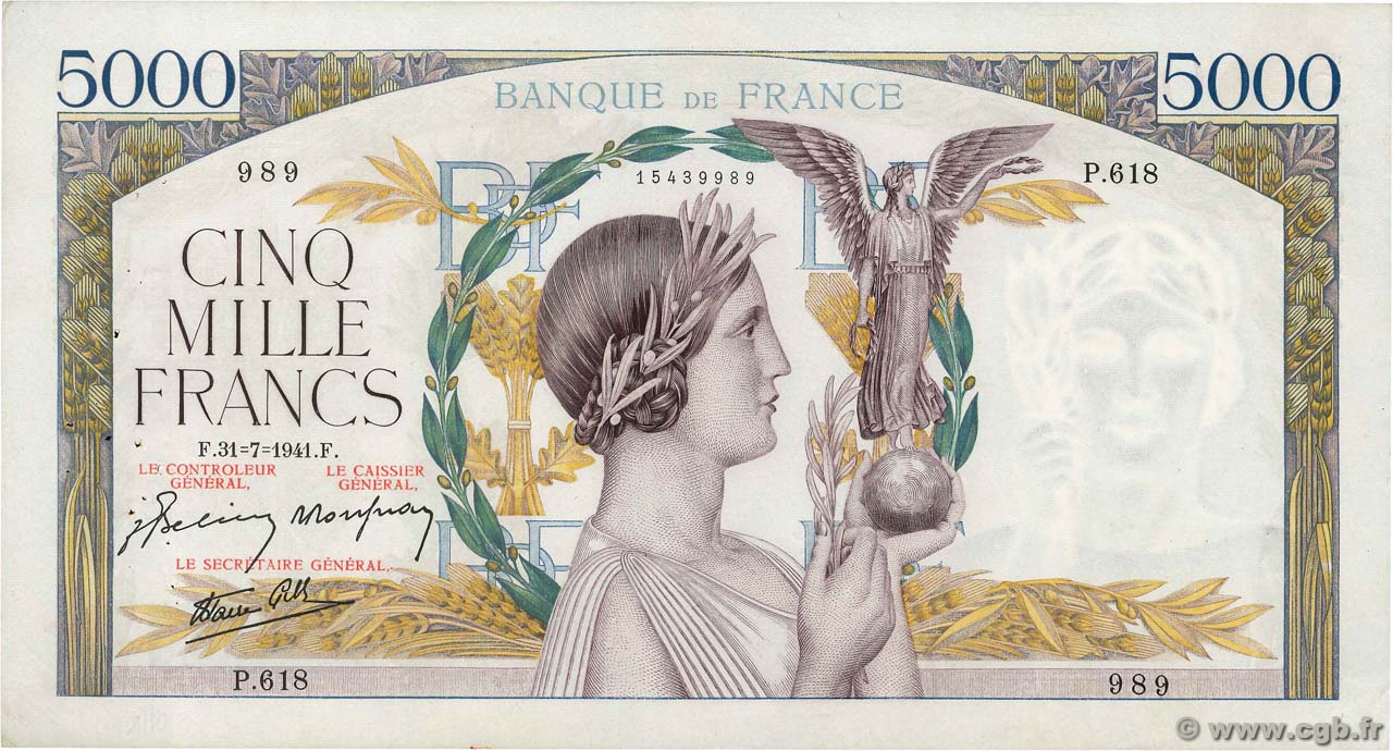 5000 Francs VICTOIRE Impression à plat FRANCE  1941 F.46.24 TTB