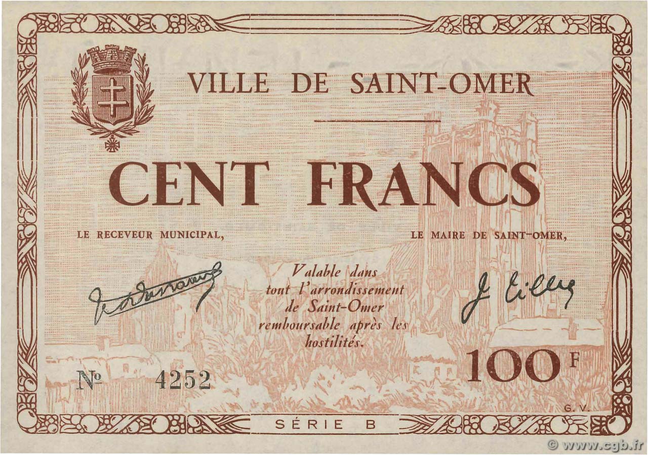 100 Francs FRANCE regionalism and various Saint-Omer 1940 K.112 UNC-