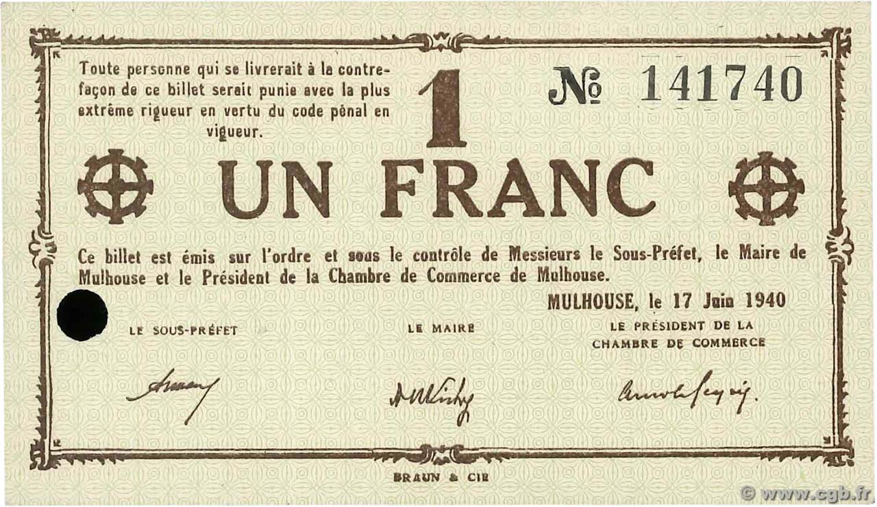 1 Franc FRANCE regionalism and miscellaneous Mulhouse 1940 K.063 AU