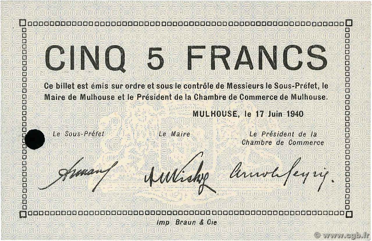 5 Francs FRANCE regionalism and various Mulhouse 1940 K.069 UNC-