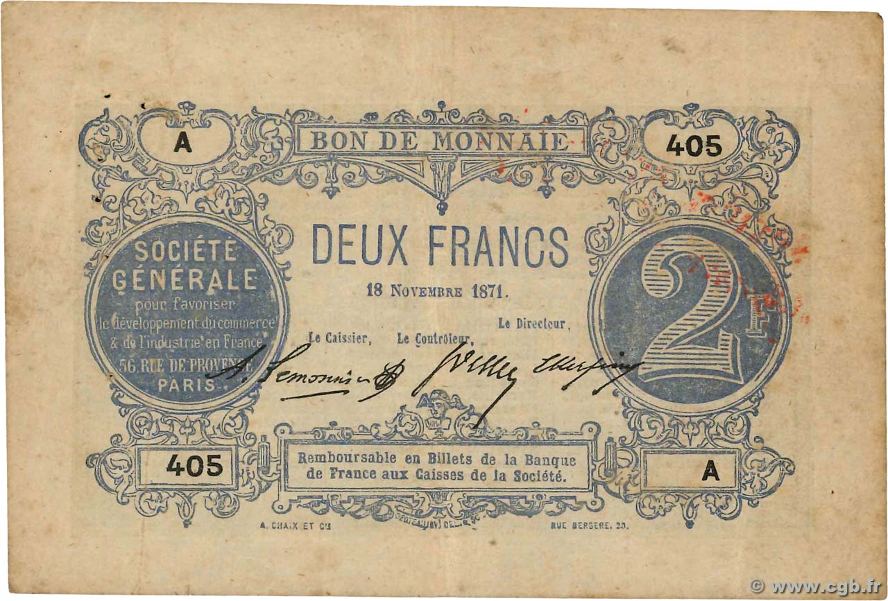 2 Francs FRANCE régionalisme et divers Paris 1871 JER.75.02B TB+
