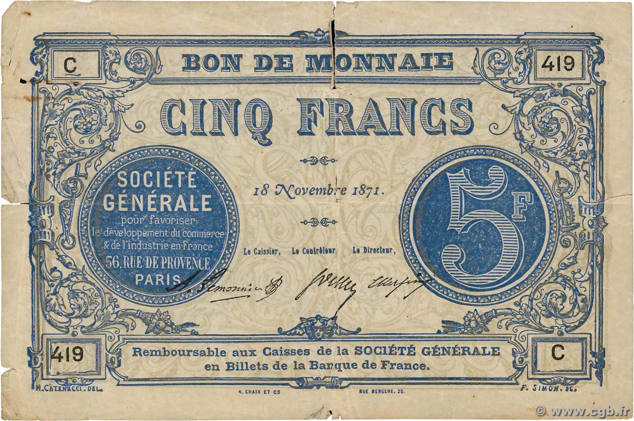 5 Francs FRANCE Regionalismus und verschiedenen Paris 1871 JER.75.02C fS
