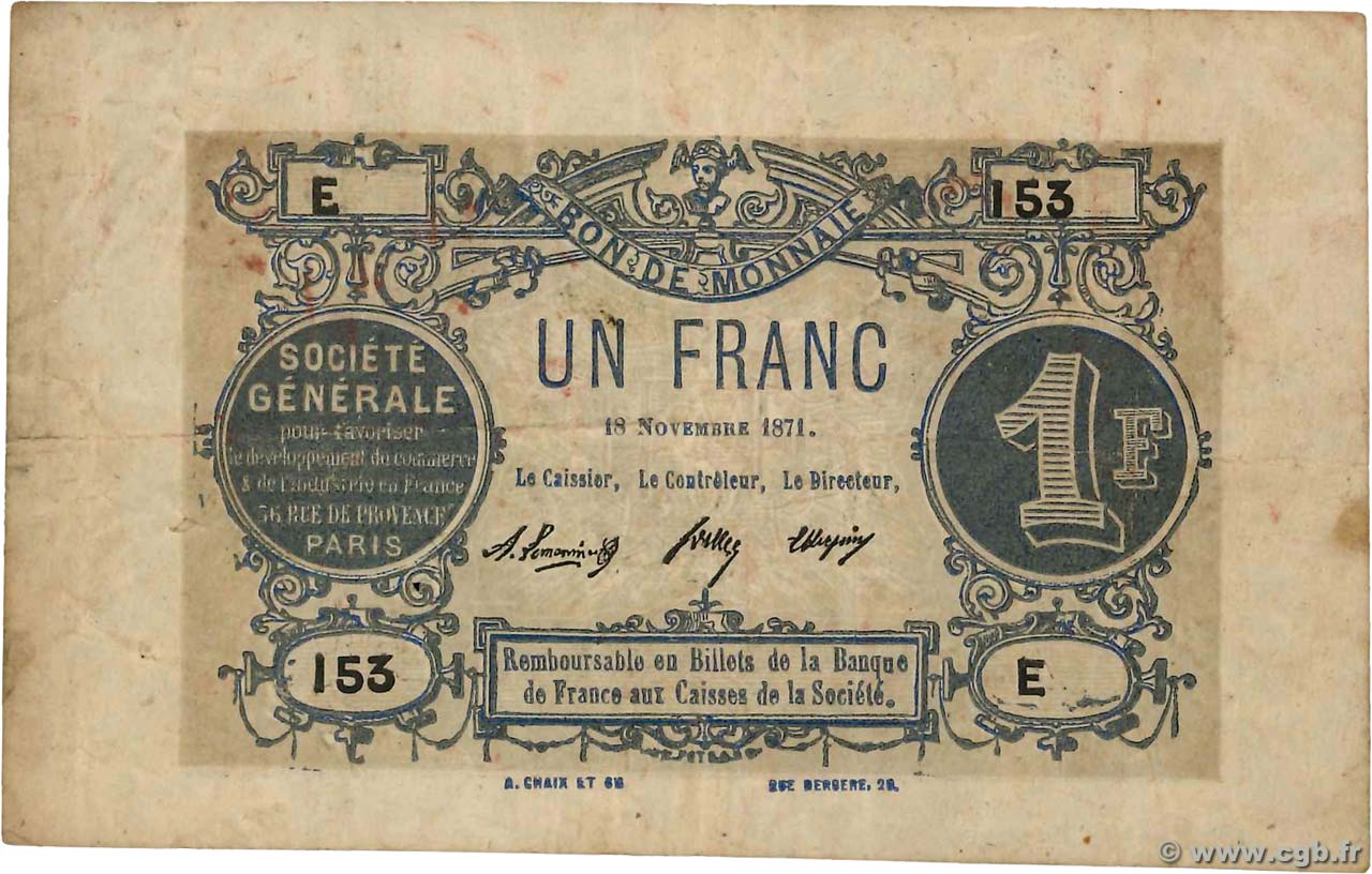 1 Franc FRANCE regionalism and miscellaneous Paris 1871 JER.75.02A F+