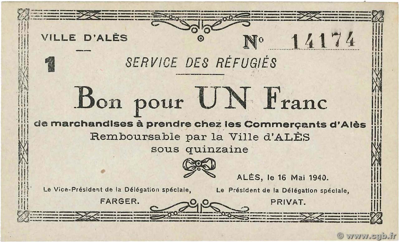 1 Franc FRANCE regionalism and various Alès 1940 K.001b XF+