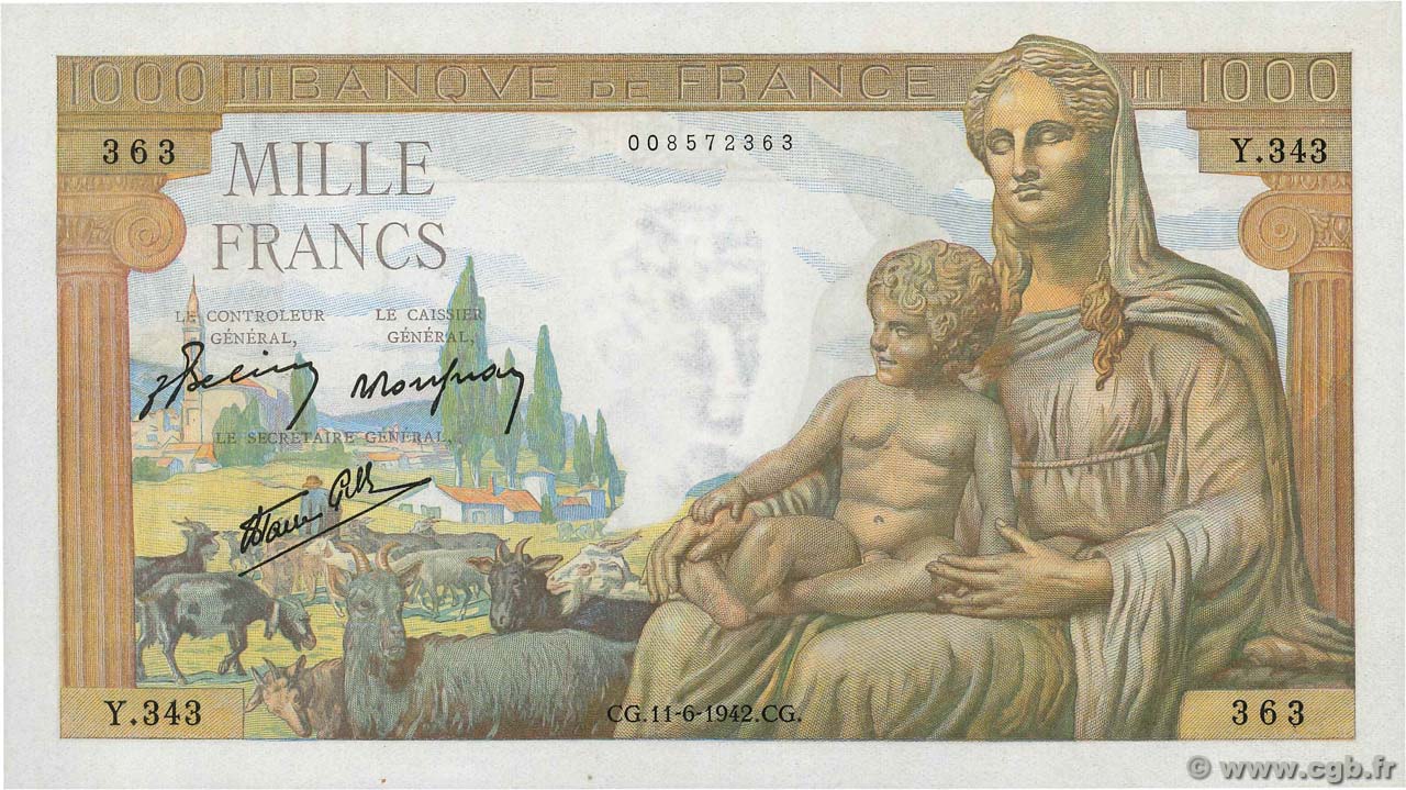 1000 Francs DÉESSE DÉMÉTER FRANCE  1942 F.40.02 AU+