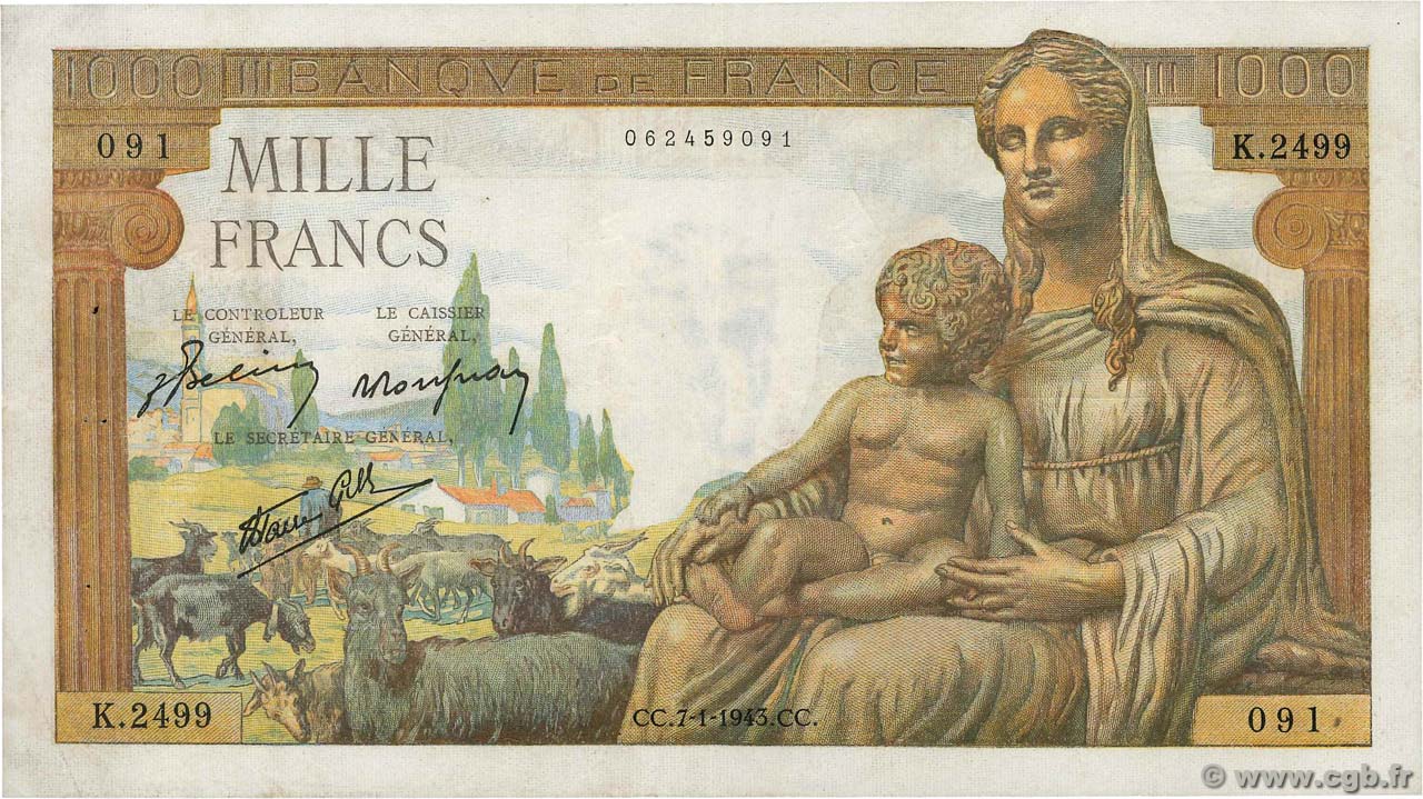 1000 Francs DÉESSE DÉMÉTER FRANCE  1943 F.40.15 TTB