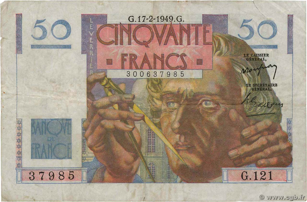 50 Francs LE VERRIER FRANCIA  1949 F.20.11 BC+