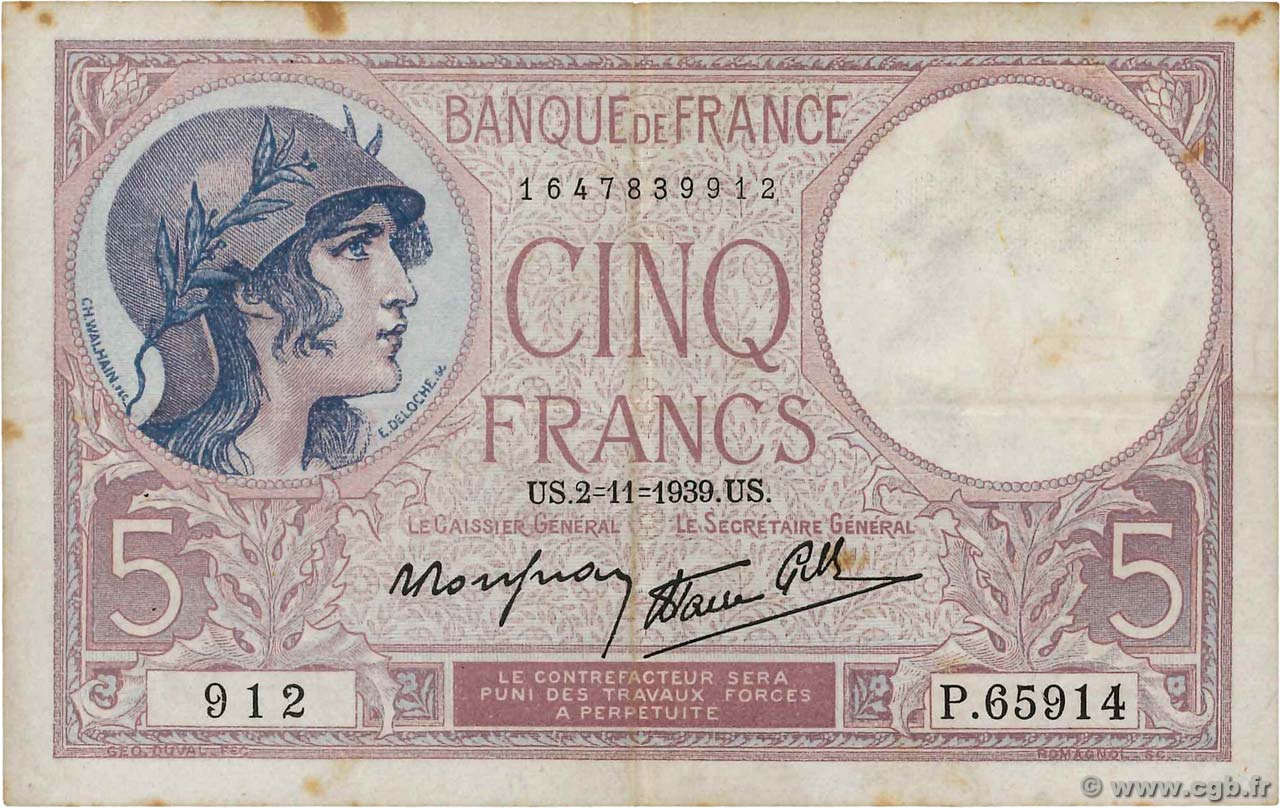 5 Francs FEMME CASQUÉE modifié FRANKREICH  1939 F.04.14 S