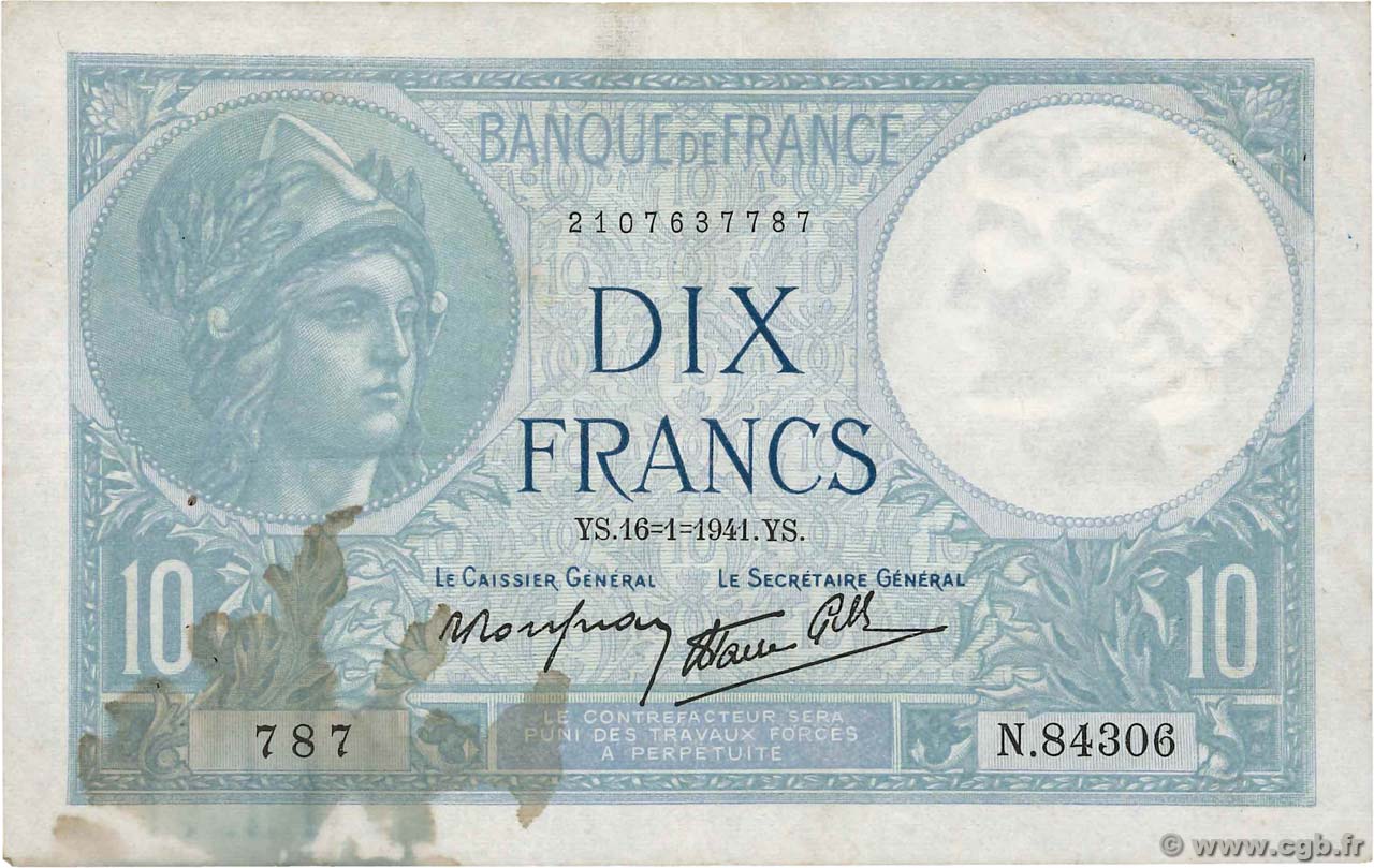 10 Francs MINERVE modifié FRANCE  1941 F.07.28 pr.TTB