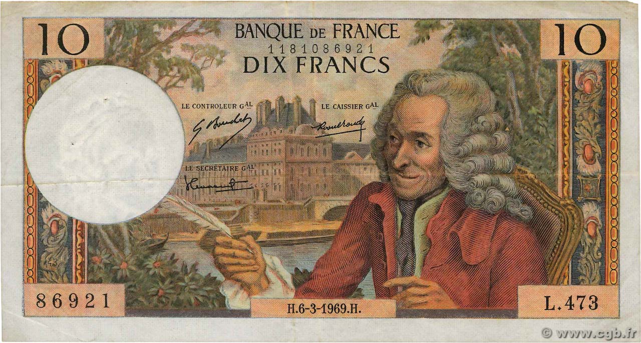 10 Francs VOLTAIRE FRANCE  1969 F.62.37 TB