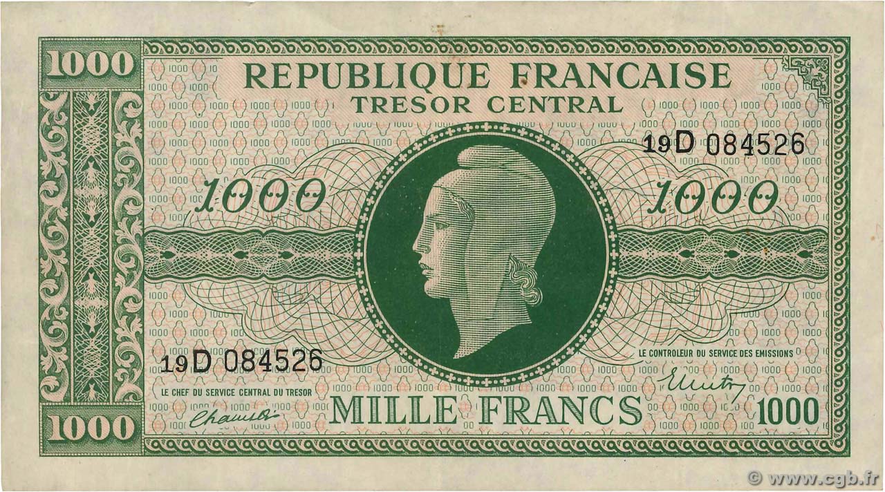 1000 Francs MARIANNE THOMAS DE LA RUE FRANCE  1945 VF.13.01 VF