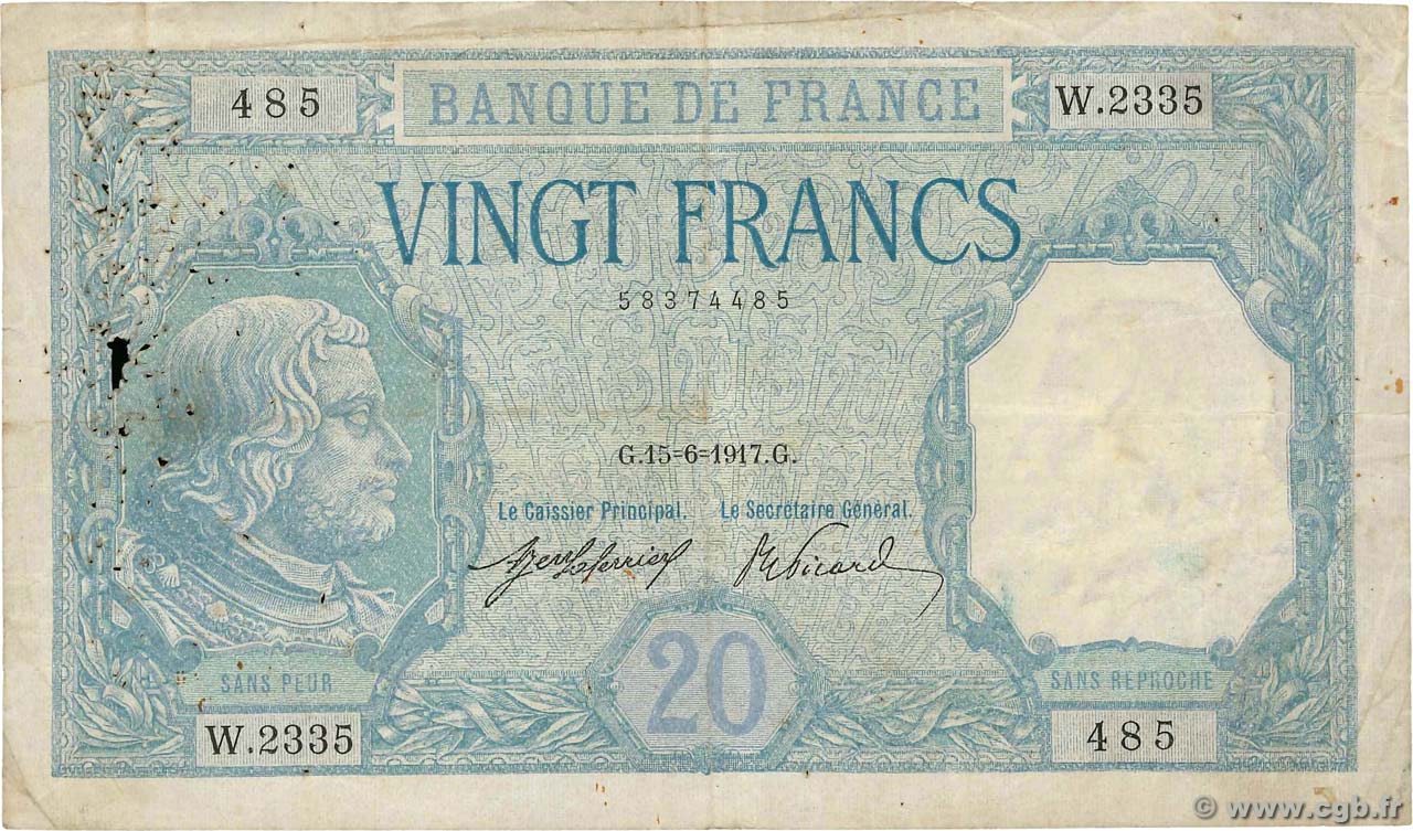 20 Francs BAYARD FRANKREICH  1917 F.11.02 S