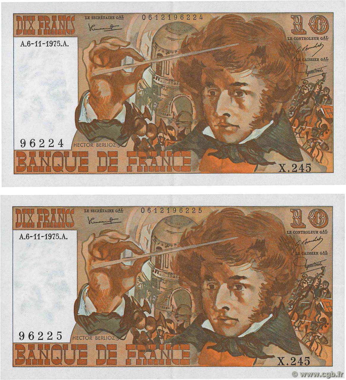 10 Francs BERLIOZ Consécutifs FRANCIA  1975 F.63.14 EBC