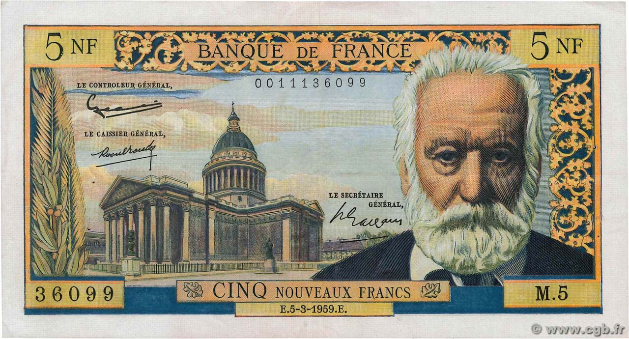 5 Nouveaux Francs VICTOR HUGO FRANCE  1959 F.56.01 TTB+
