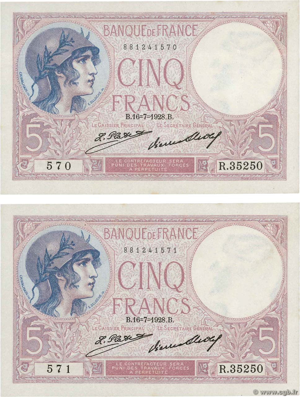 5 Francs FEMME CASQUÉE Consécutifs FRANCE  1928 F.03.12 pr.NEUF