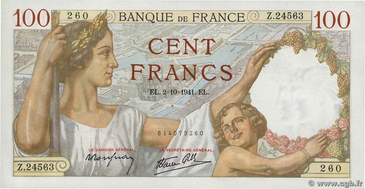 100 Francs SULLY FRANCE  1941 F.26.58 SPL+